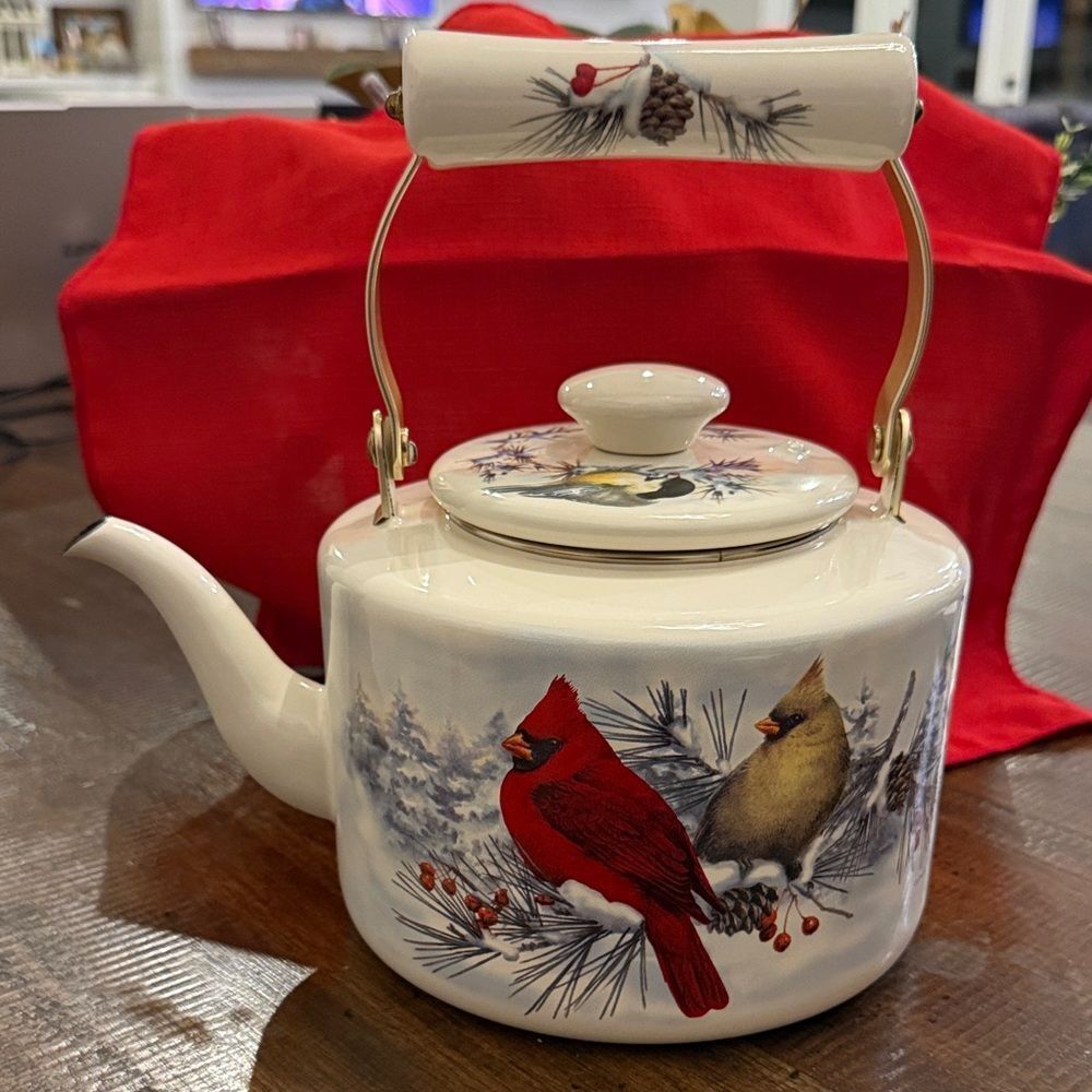 Vintage Lenox winter greetings, enamelware tea pot with a cardinal and chickadee